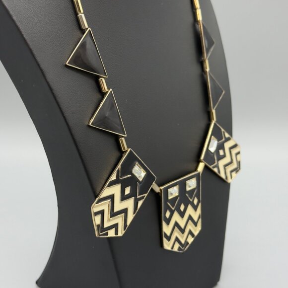 Vintage Gold Tone Chevron Enamel Black Cream Rhinestone Bib Necklace 18" READ - Picture 2 of 15